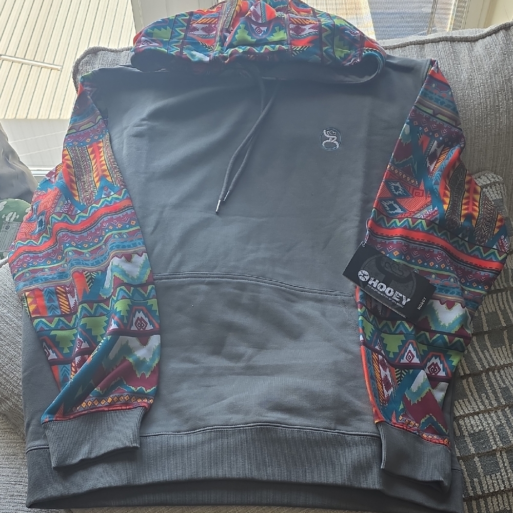 Brand New Size XL Hooey Men’s Gray Hoodie with Multicolor Aztec Sleeves & Hood